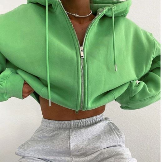 Green zipper up fashion Crop top hoodie