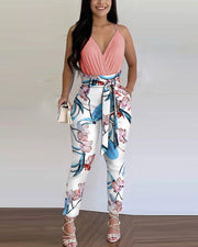 Colorblock 2-Piece Solid Pleated Top and Floral Print Pants