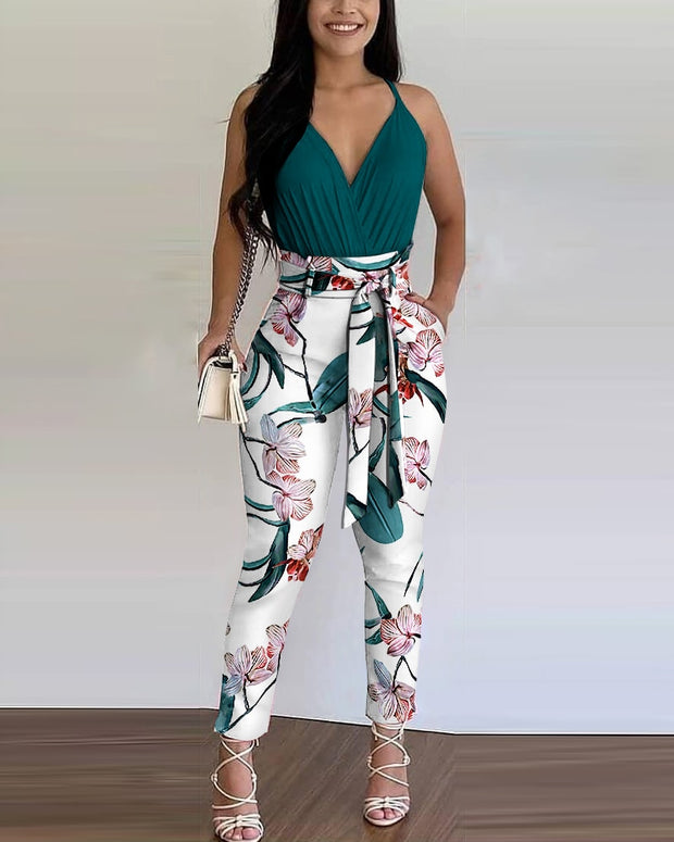 Colorblock 2-Piece Solid Pleated Top and Floral Print Pants