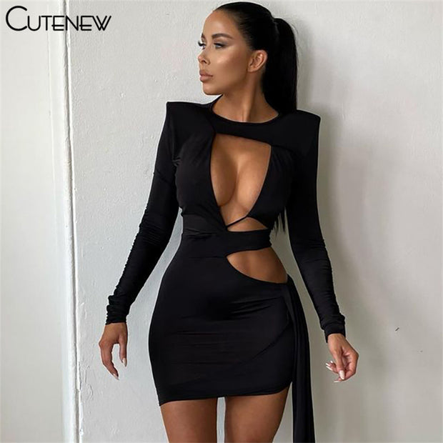 Sexy Hollow Out O-Neck Long Sleeve Bodycon Mini Dresses